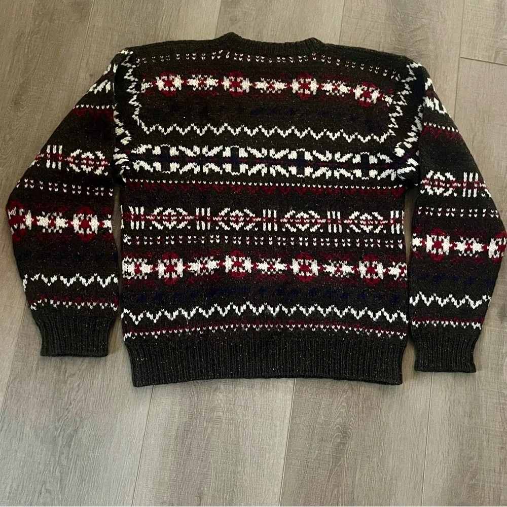 Vintage Wool Sweater Brown/Red Men Medium Fair Isle Nordic Thick Knit Snowflakes